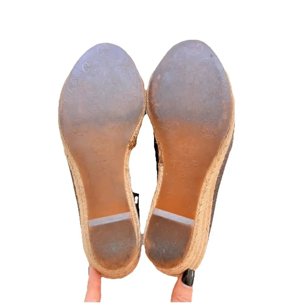 Tory Burch Filipa Pewter Linen Espadrille Wedge Platform Sandals Shoes 9 Womens